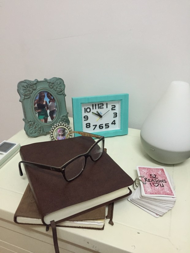 Bedside motivators: Time. My Bible. My sweet Nina. Love from Looty. And when all else fails, a picture of Kenj looking at me (in loving kindness) like, " Rachel, you're being ridiculous... Get it together!"