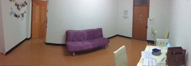 Panoramic of my living room/dining room area.